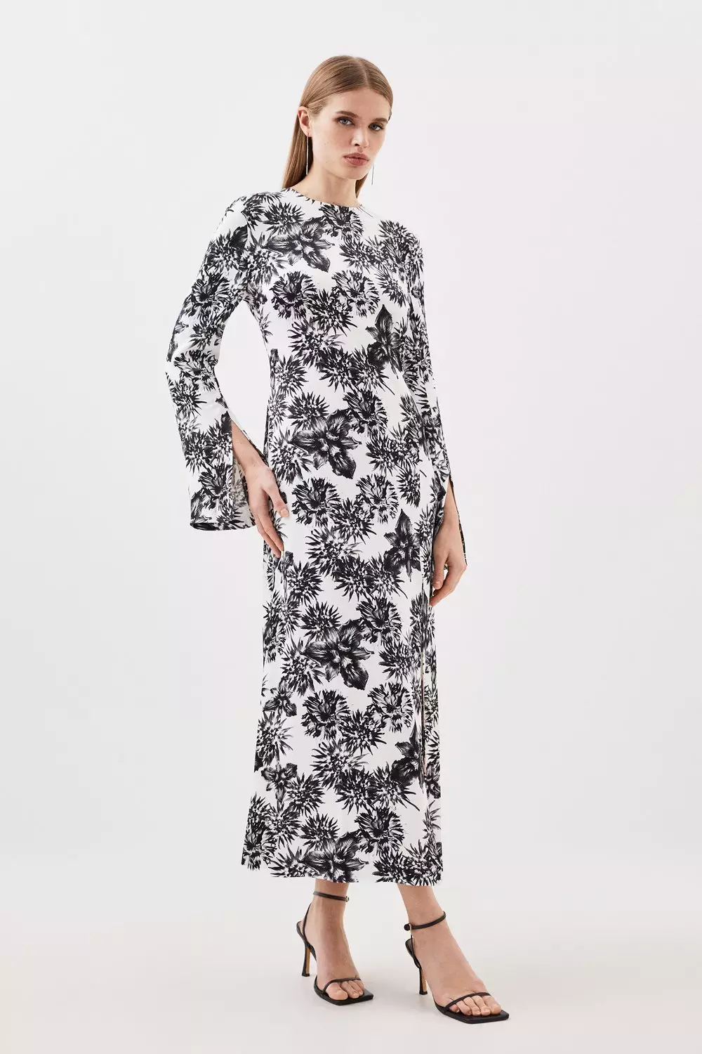 Mono Floral Woven Viscose Satin Midi Dress | Karen Millen