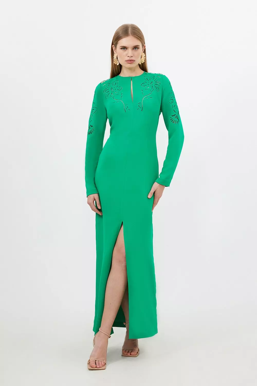 Tall Premium Cady Cutwork Long Sleeve Woven Maxi Dress | Karen Millen