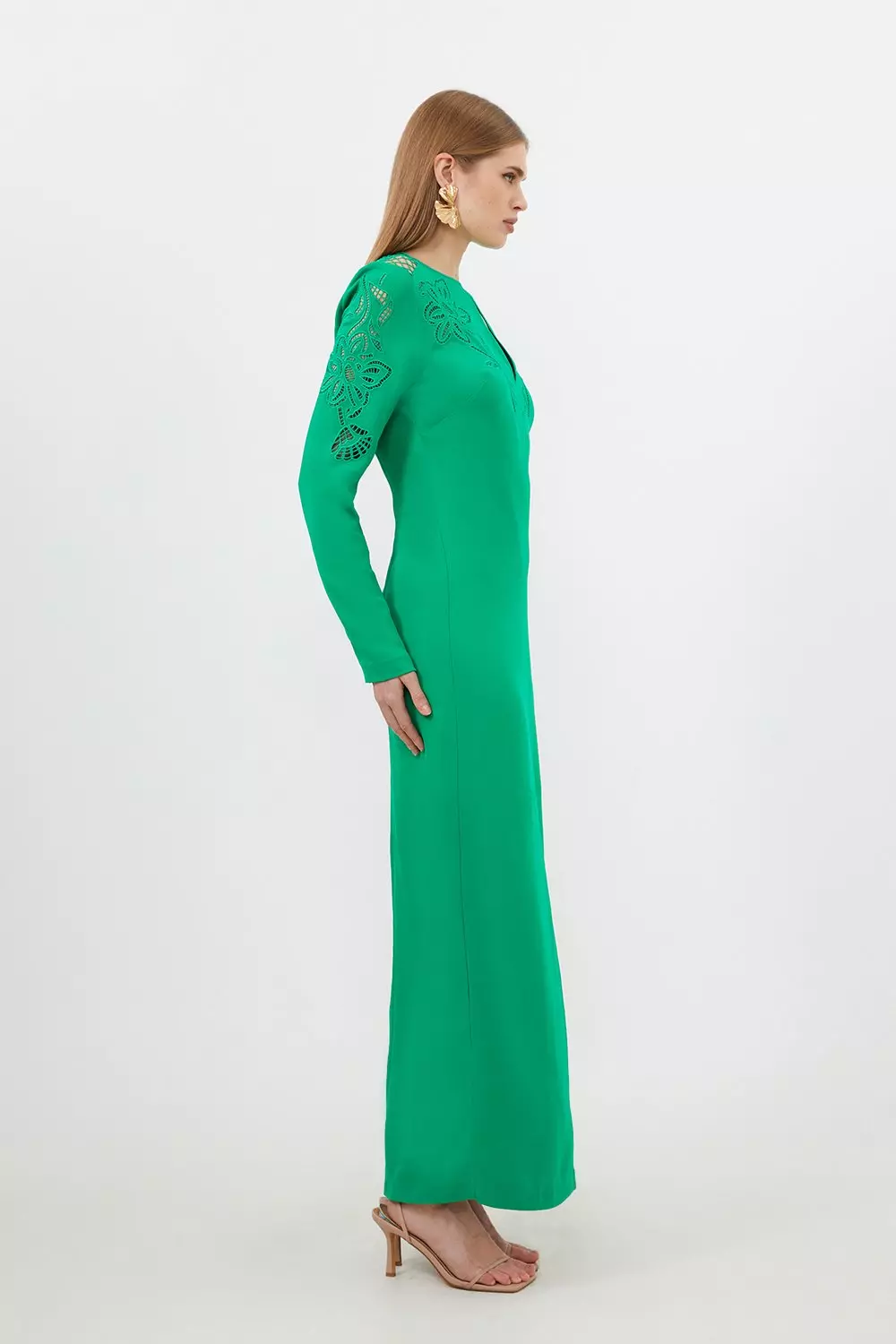 Tall Premium Cady Cutwork Long Sleeve Woven Maxi Dress | Karen Millen