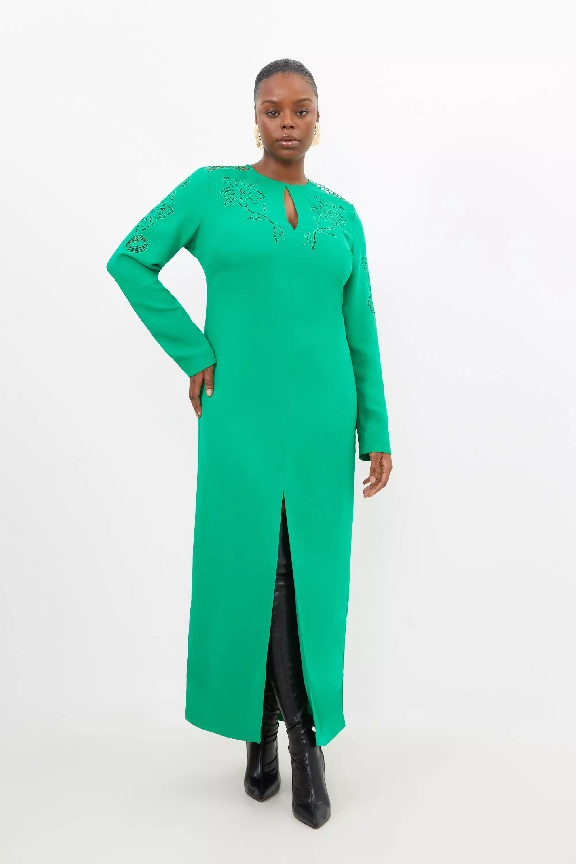 Plus Size Premium Cady Cutwork Woven Long Sleeve Maxi Dress Karen Millen