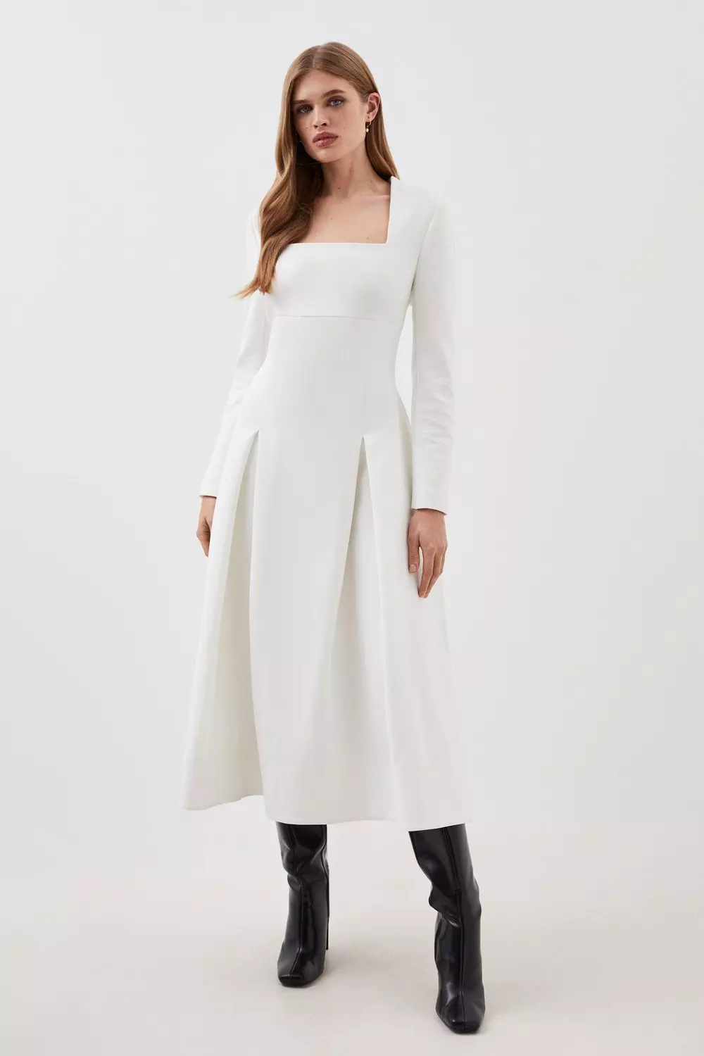 Karen Millen コンパクトストレッチタブ ディテールミディドレス Compact Stretch Tailored Pu Tab Detail Midi Dress | Karen Millen