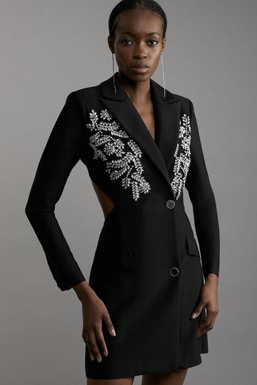 Embellished Figure Form Bandage Cut Out Back Blazer Dress black