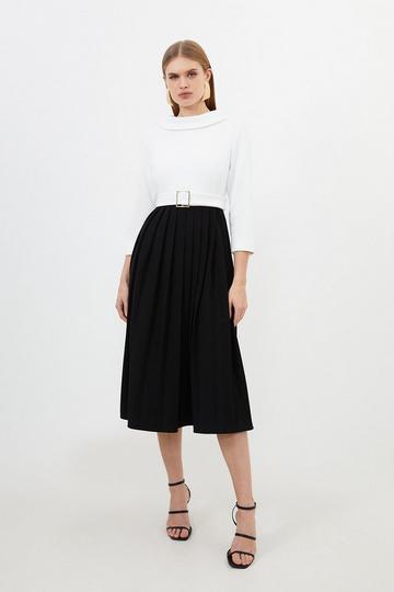 Petite Tailored Structured Crepe Pleated Midi Dress mono