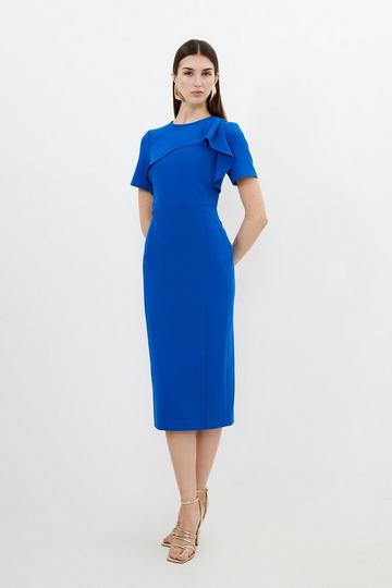 Petite Tailored Structured Crepe Ruffle Pencil Midi Dress cobalt