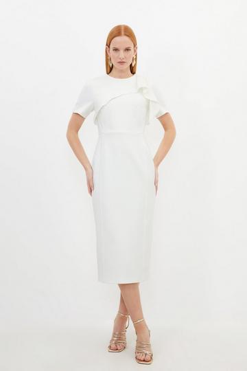 Petite Tailored Structured Crepe Ruffle Pencil Midi Dress ivory