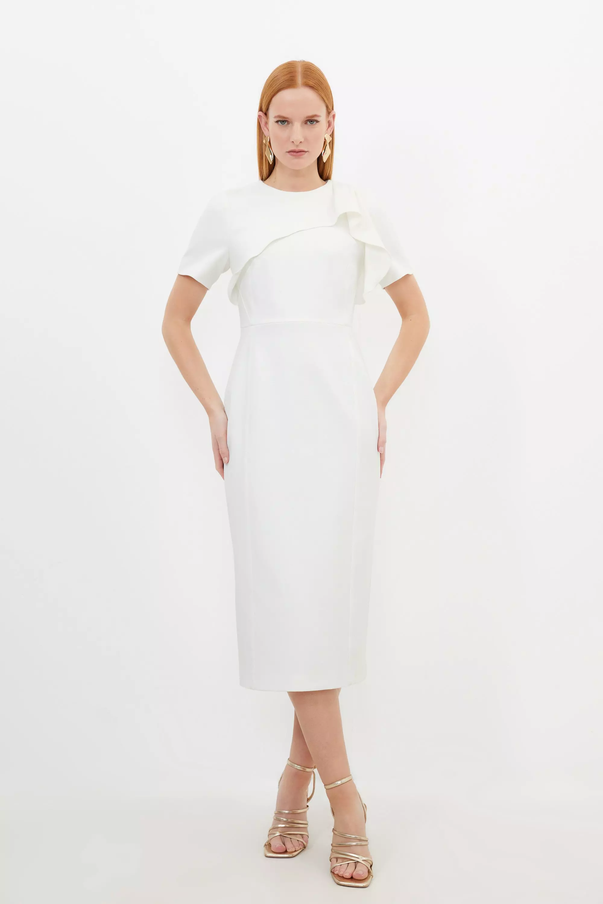 Ivory Petite Tailored Structured Crepe Ruffle Pencil Midi Dress alternative image