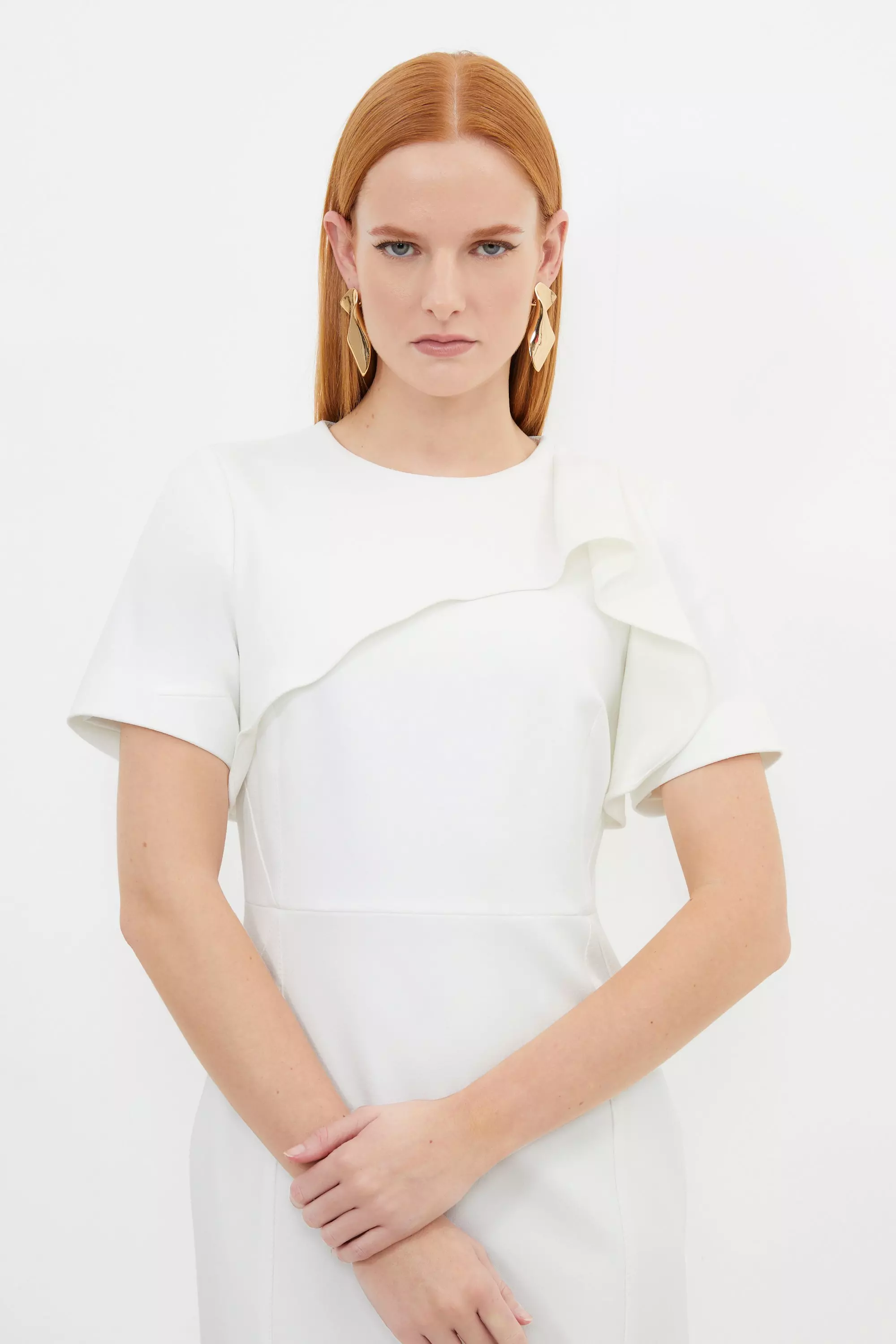 Ivory Petite Tailored Structured Crepe Ruffle Pencil Midi Dress alternative image