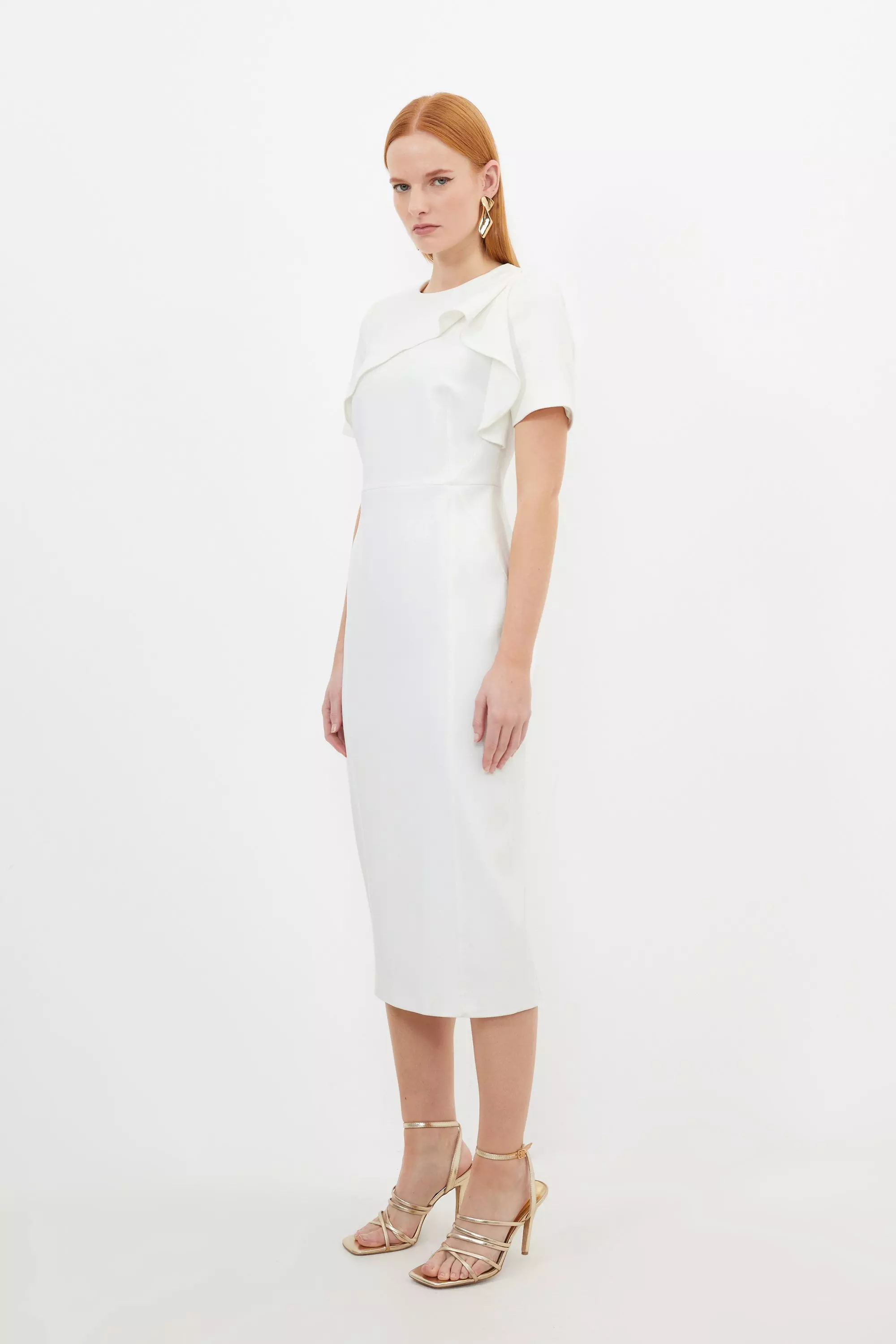 Ivory Petite Tailored Structured Crepe Ruffle Pencil Midi Dress alternative image