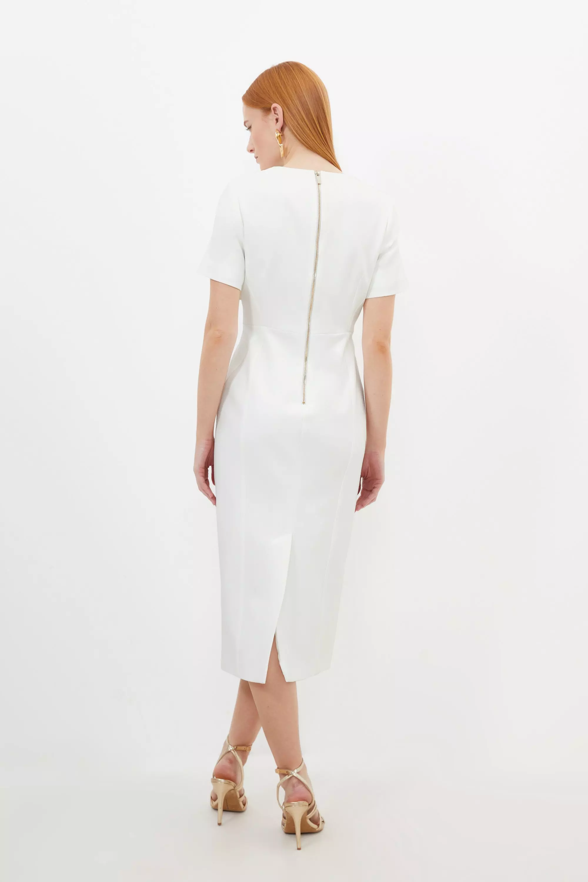 Ivory Petite Tailored Structured Crepe Ruffle Pencil Midi Dress alternative image