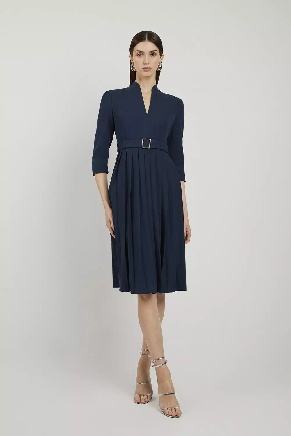 Petite Tailored Structured Crepe Pleated Midi Dress Karen Millen