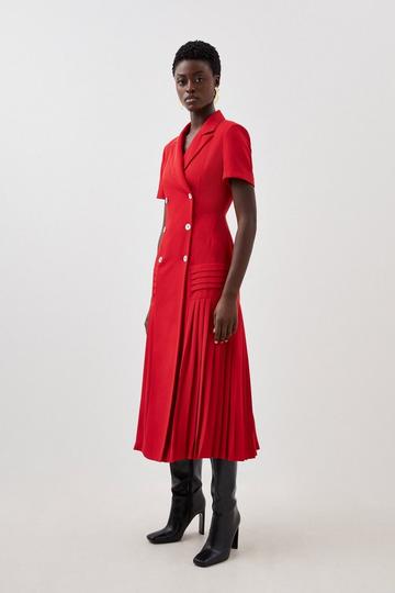 Petite Pleated Woven Midi Blazer Dress red