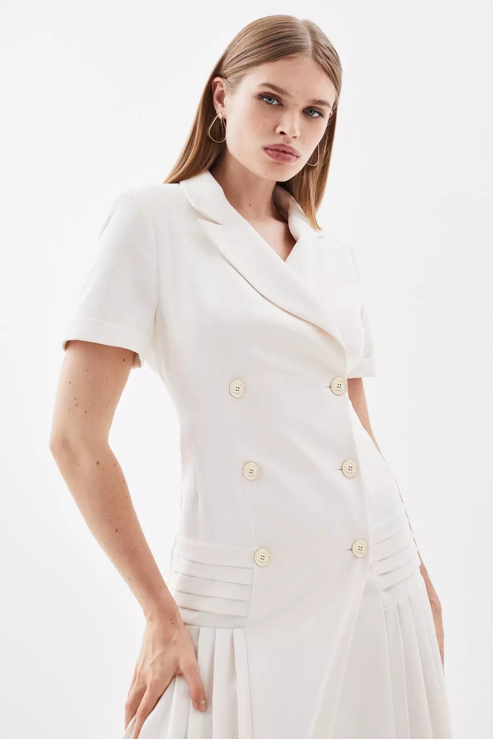 Ivory Pleated Woven Midi Blazer Dress alternative image