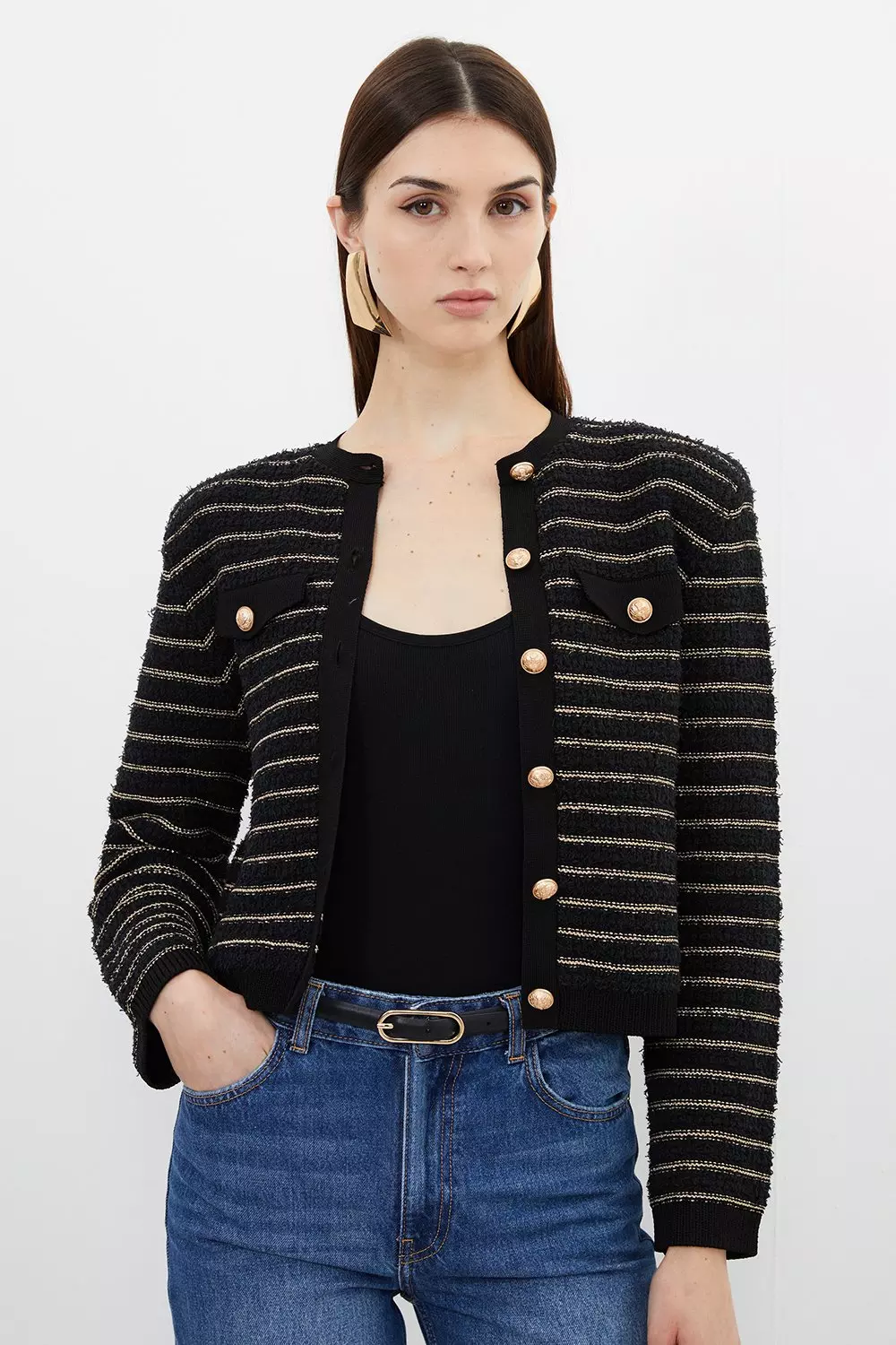 Textured Military Trim Knit Jacket | Karen Millen