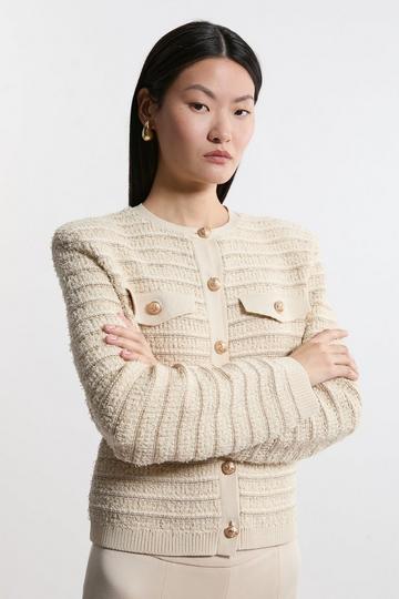 Textured Military Trim Knit Jacket cream