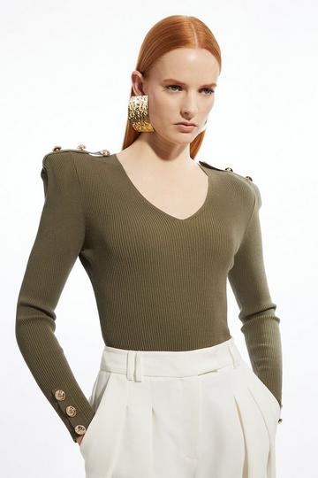 Khaki Viscose Blend Dry Handle Rib V Neck Military Trim Knit Top