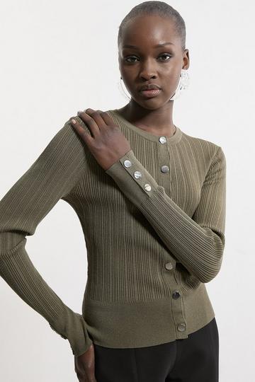 Viscose Blend Dry Handle Rib Button Through Knit Cardigan khaki