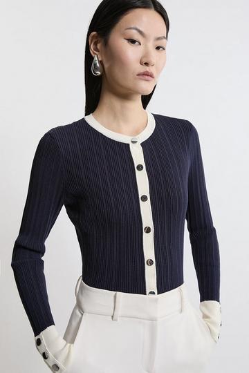 Viscose Blend Dry Handle Rib Button Through Knit Cardigan navy