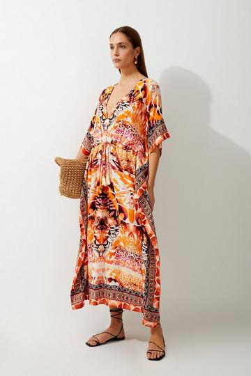 Beach Mirrored Animal Kimono Midi Dress orange