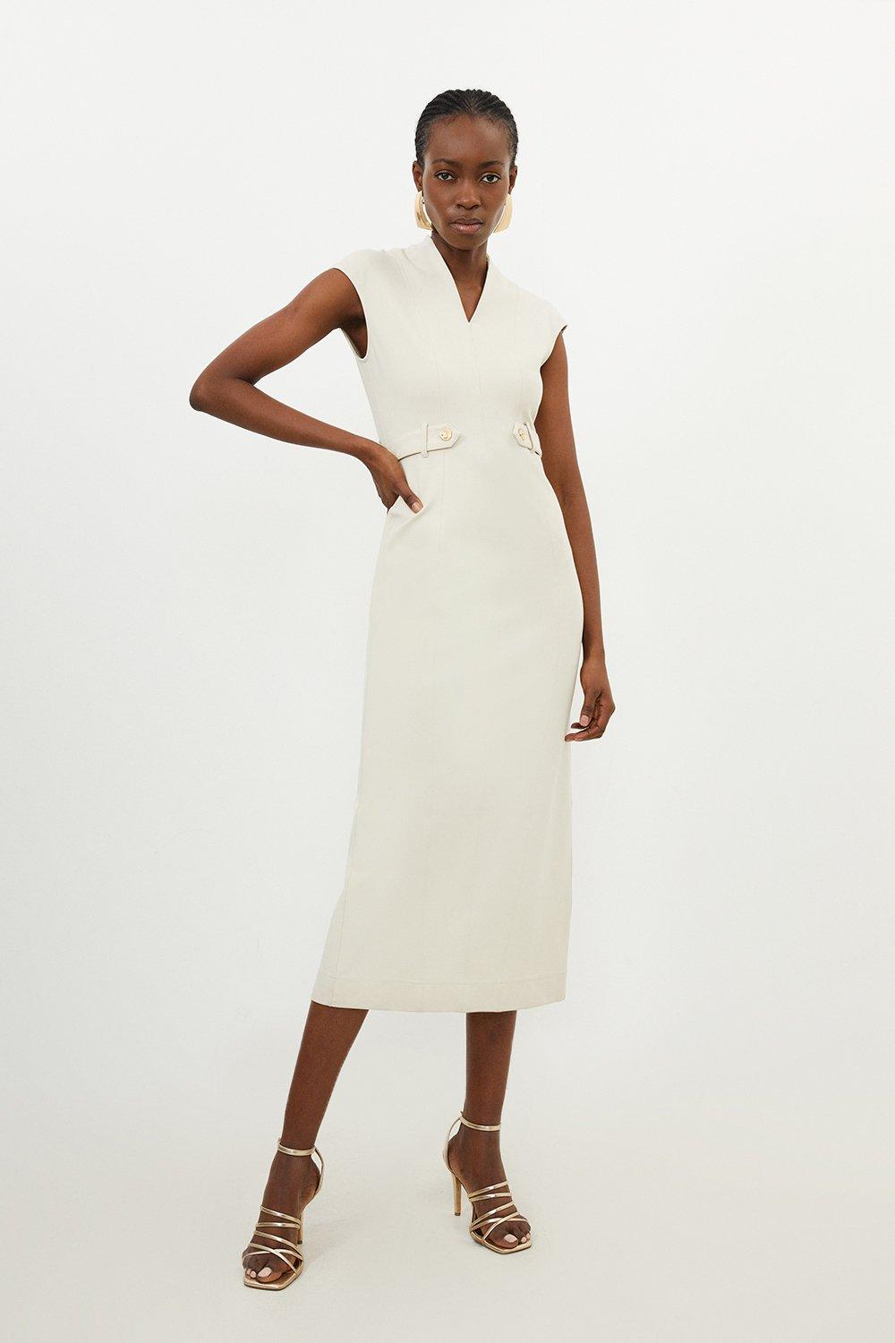 【KAREN MILLEN】ビスコースリネン ピンタック ミディドレス Italian Structured Rib Bow Detail Cross Back Tailored Midi