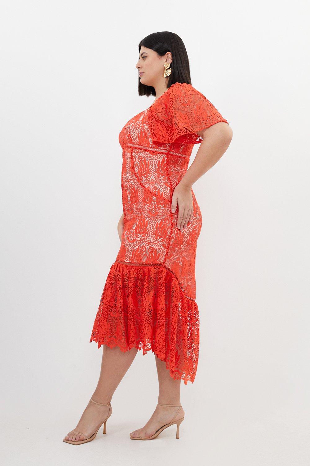 Plus Size Premium Satin Guipure Lace Angel Sleeve Maxi Dress | Karen Millen