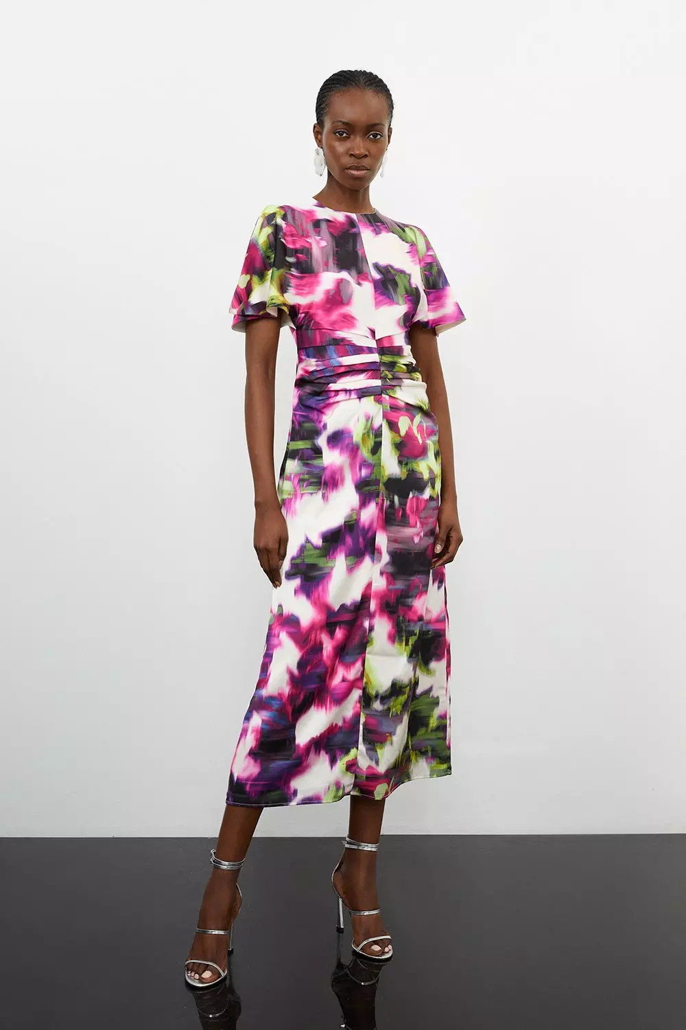 Petite Blurred Floral Print Woven Angel Sleeve Midi Dress Karen Millen