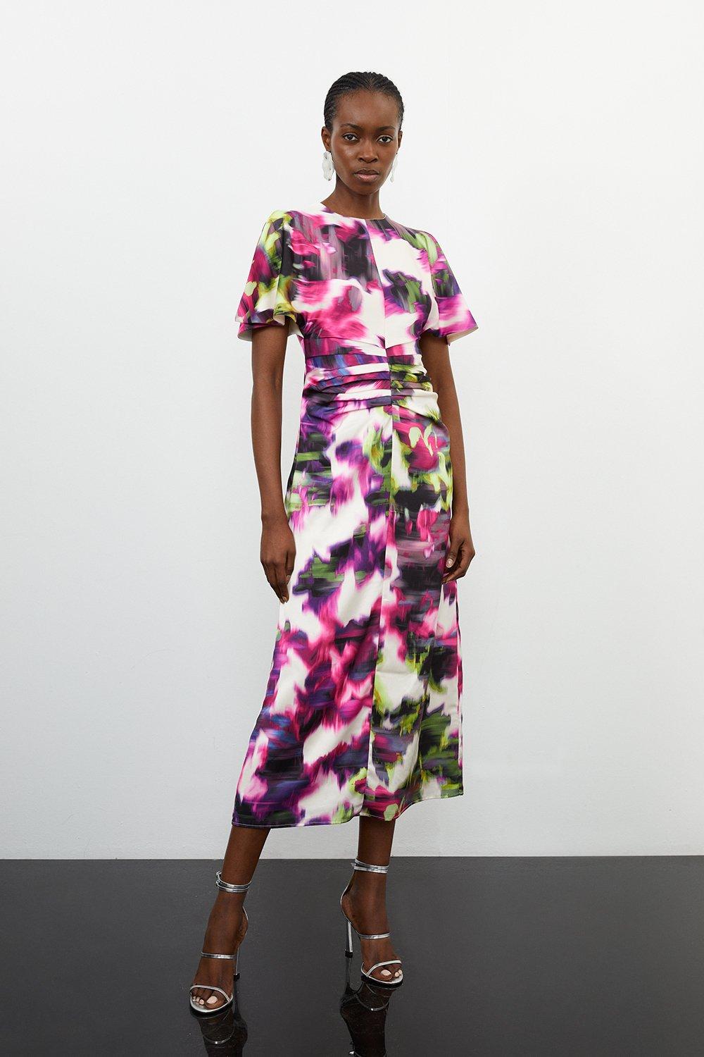 Satin Blurred Floral Print Woven Angel Sleeve Midi Dress | Karen Millen