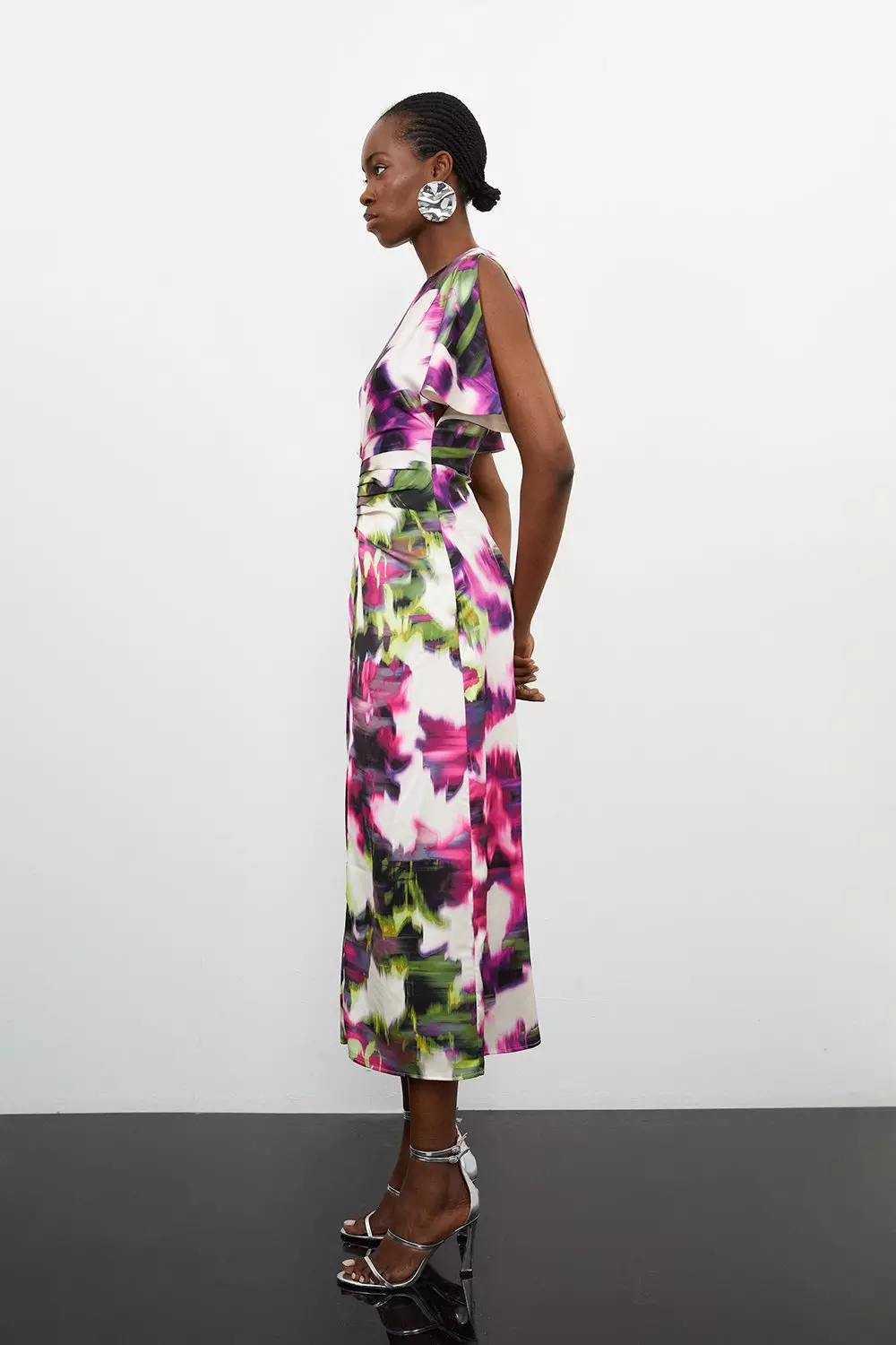 Satin Blurred Floral Print Woven Angel Sleeve Midi Dress Karen Millen