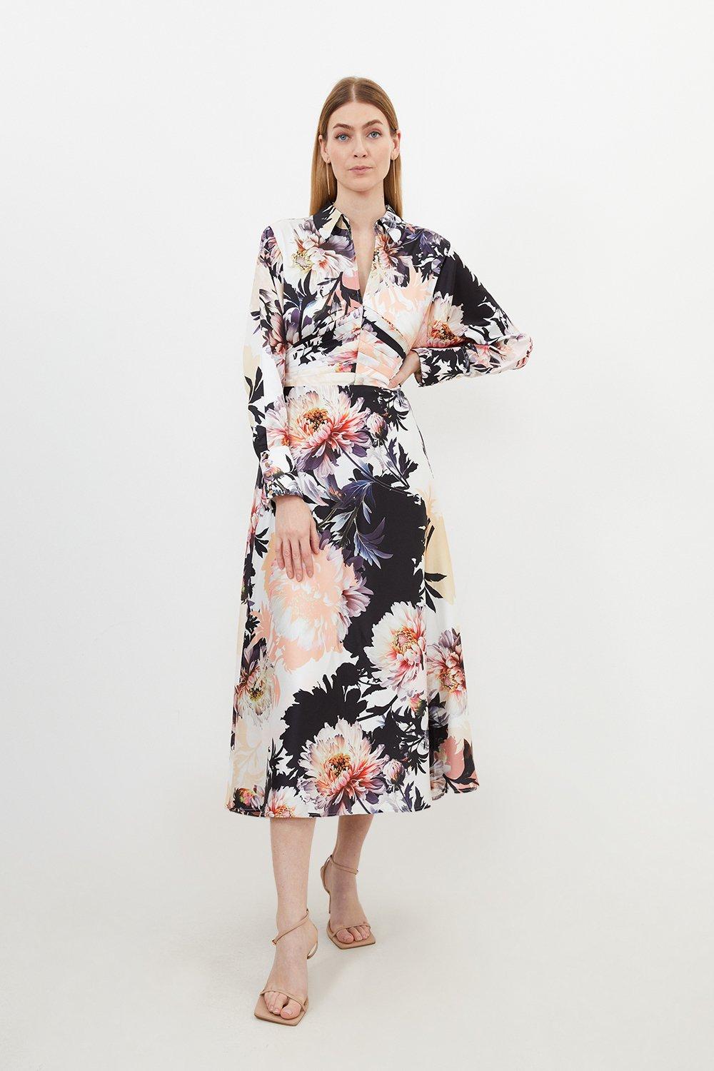 Satin Floral Print Collared Woven Midi Dress | Karen Millen