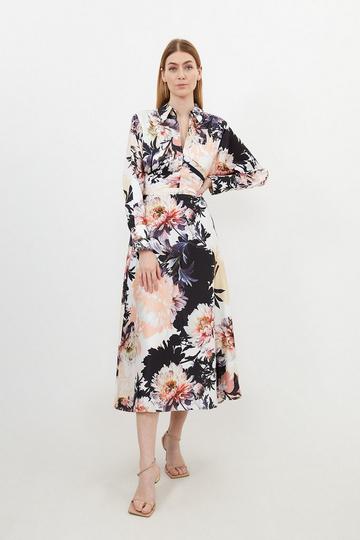 Multi Floral Print Collared Woven Midi Dress