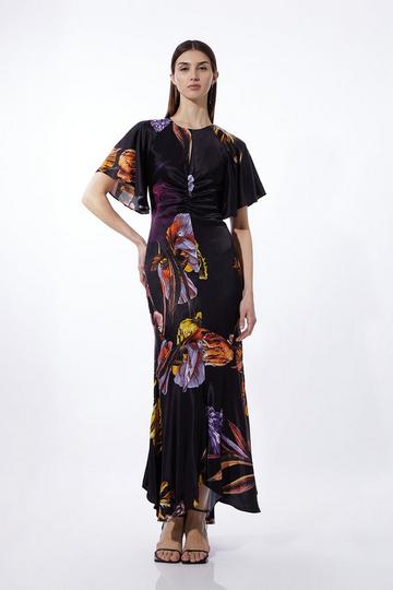 Tall Midnight Floral Satin Crepe Woven Angel Sleeve Maxi black