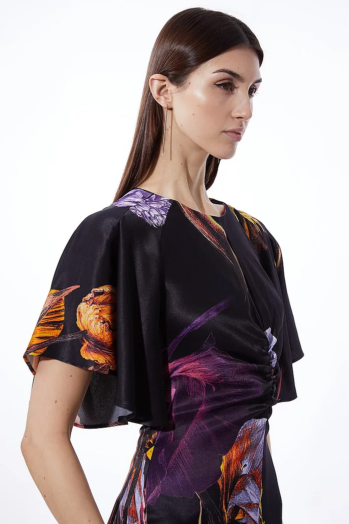 Midnight Floral Satin Crepe Woven Angel Sleeve Maxi Dress Midnight Floral Satin Crepe Woven Angel Sleeve Maxi Dress