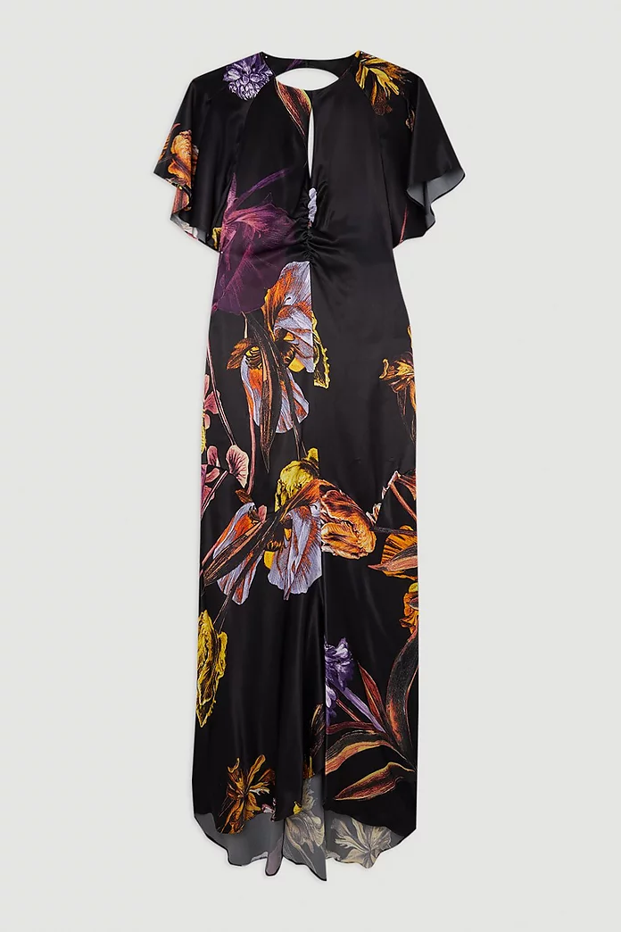 Midnight Floral Satin Crepe Woven Angel Sleeve Maxi Dress Midnight Floral Satin Crepe Woven Angel Sleeve Maxi Dress