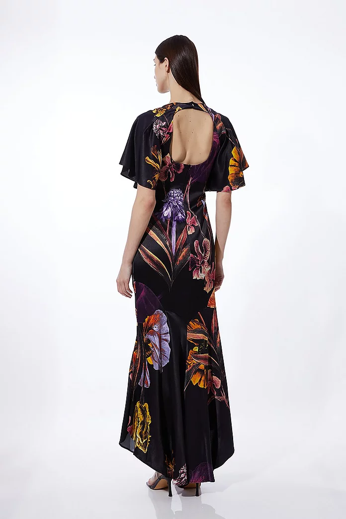 Midnight Floral Satin Crepe Woven Angel Sleeve Maxi Dress Midnight Floral Satin Crepe Woven Angel Sleeve Maxi Dress