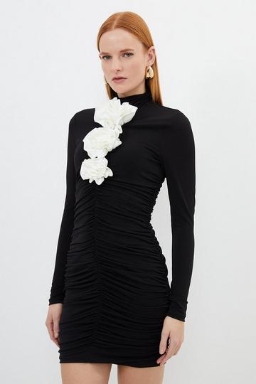 Contrast Jersey Rosette Mini Dress black