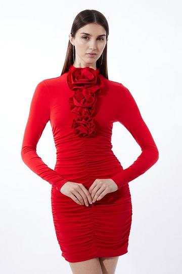 Red Contrast Jersey Rosette Mini Dress