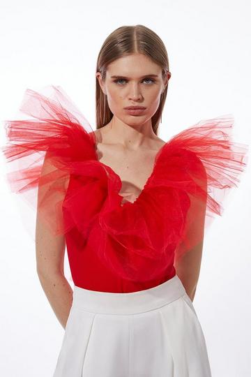 Ponte And Tulle Drama Plunge Jersey Bodysuit red