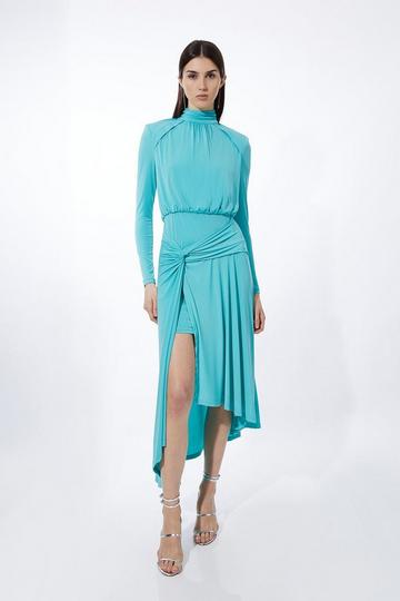 Knot Waist Drapey Jersey Crepe Maxi Dress aqua