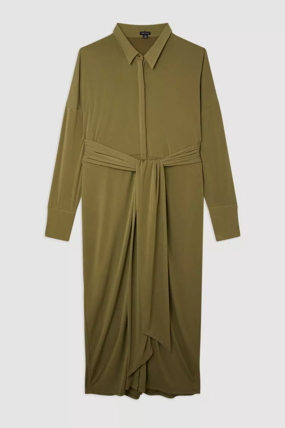 Plus Size Ruched Tie Waist Jersey Crepe Shirt Midi Dress