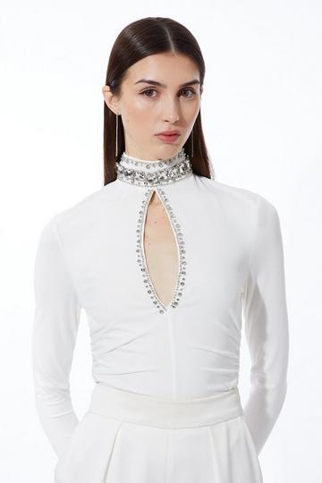 Embellished Jersey Crepe Keyhole Bodysuit ivory