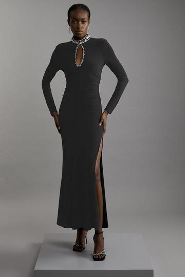 Black Embellished Jersey Crepe Maxi Dress