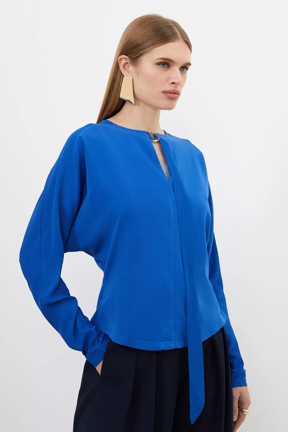 Karen Millen Womens Keyhole Tie Jersey Crepe Batwing Top Blue Size Xs