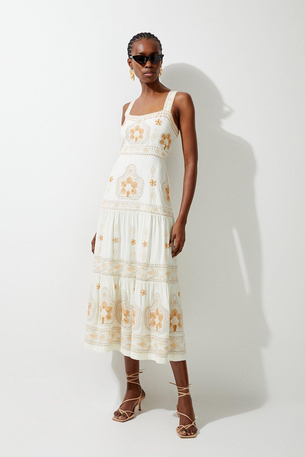 Petite Linen Embroidered Strappy Woven Midi Dress | Karen Millen