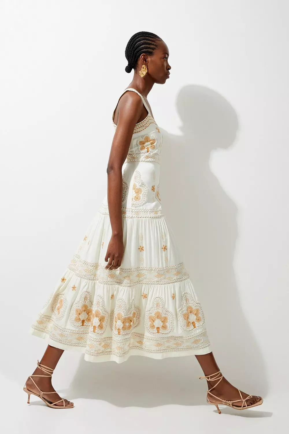 Petite Linen Embroidered Strappy Woven Midi Dress | Karen Millen