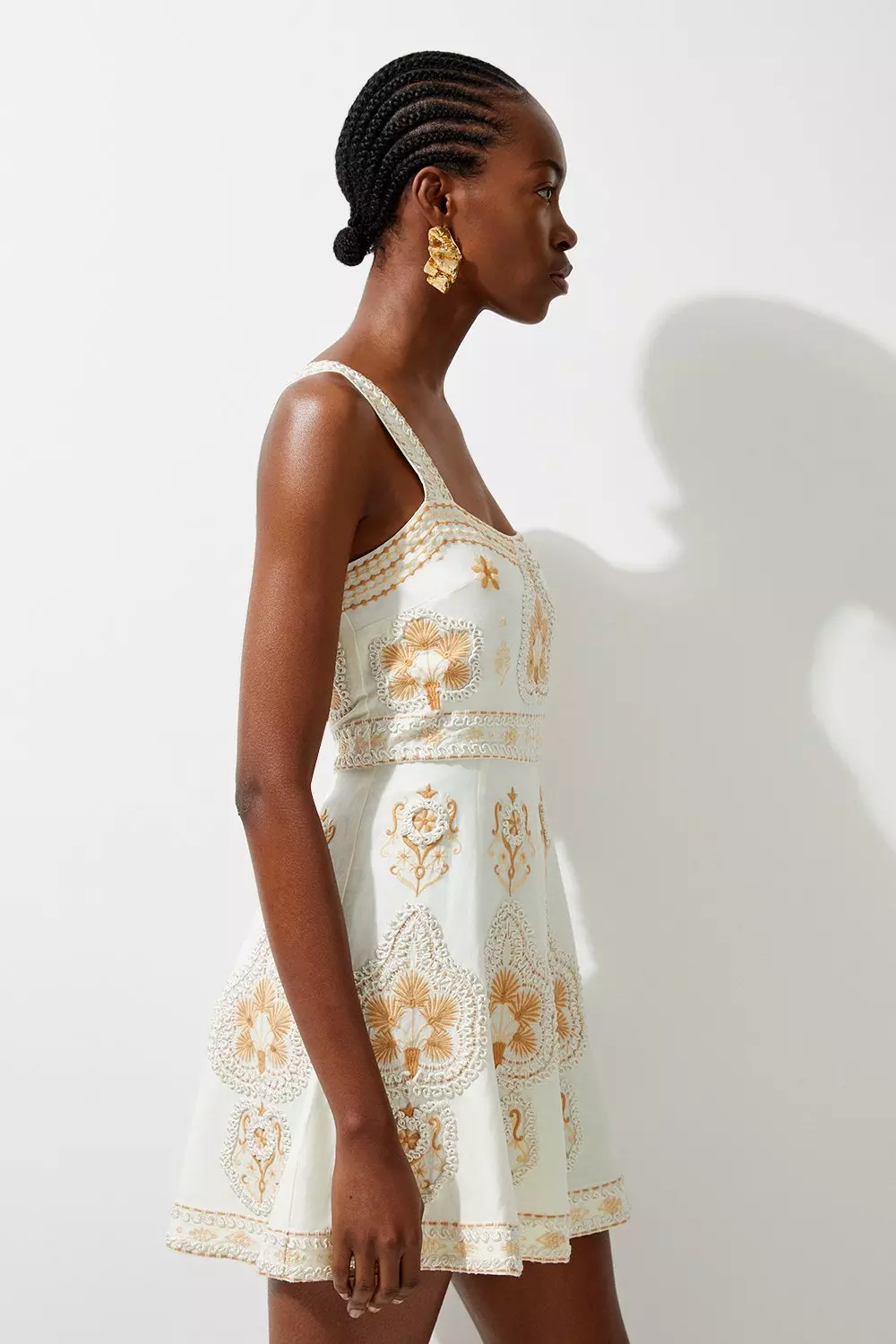 Tall Linen Embroidered Strappy Woven Mini Dress | Karen Millen