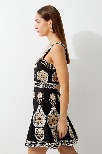 Black Petite Linen Embroidered Strappy Woven Mini Dress