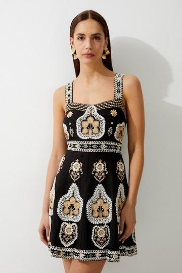 Black Linen Embroidered Strappy Woven Mini Dress