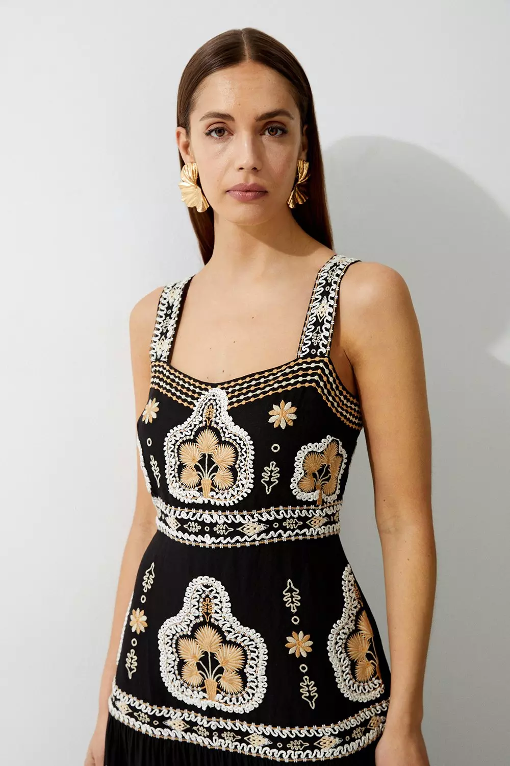 Linen Corded Embroidered Strappy Woven Maxi Dress | Karen Millen