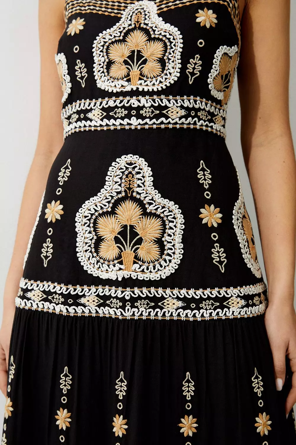 Linen Corded Embroidered Strappy Woven Maxi Dress | Karen Millen