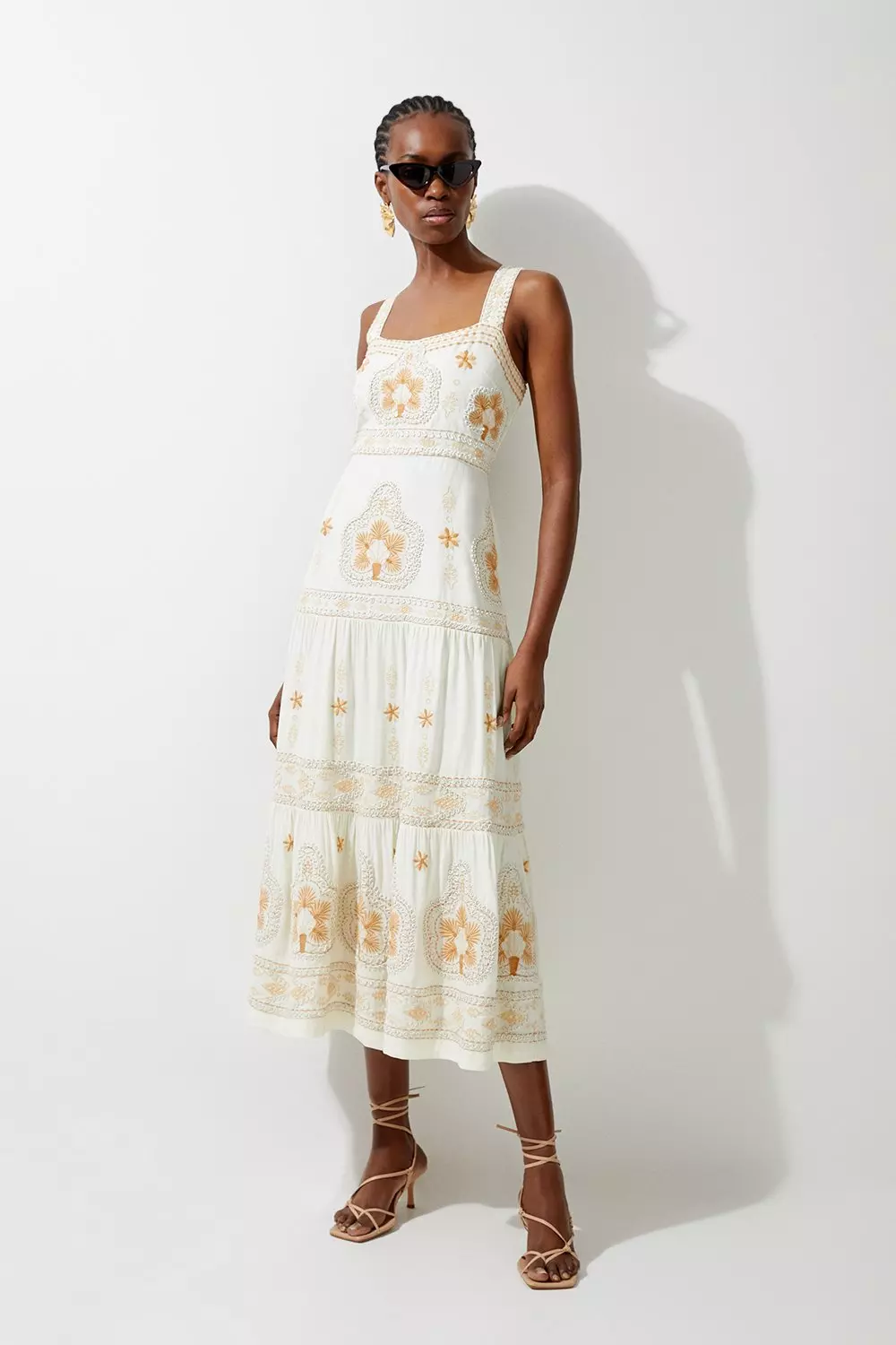 Linen Corded Embroidered Strappy Woven Maxi Dress Karen Millen