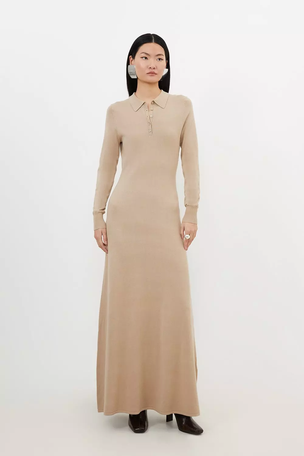 Viscose Blend Polo Knit Collar Maxi Dress Karen Millen